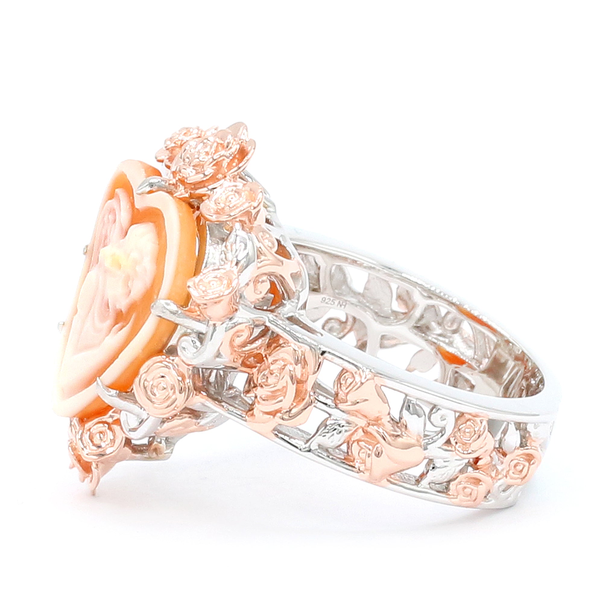 Gems en Vogue 24K Palladium Silver Carved Winged Angel Cameo Heart & Rose Flower Ring