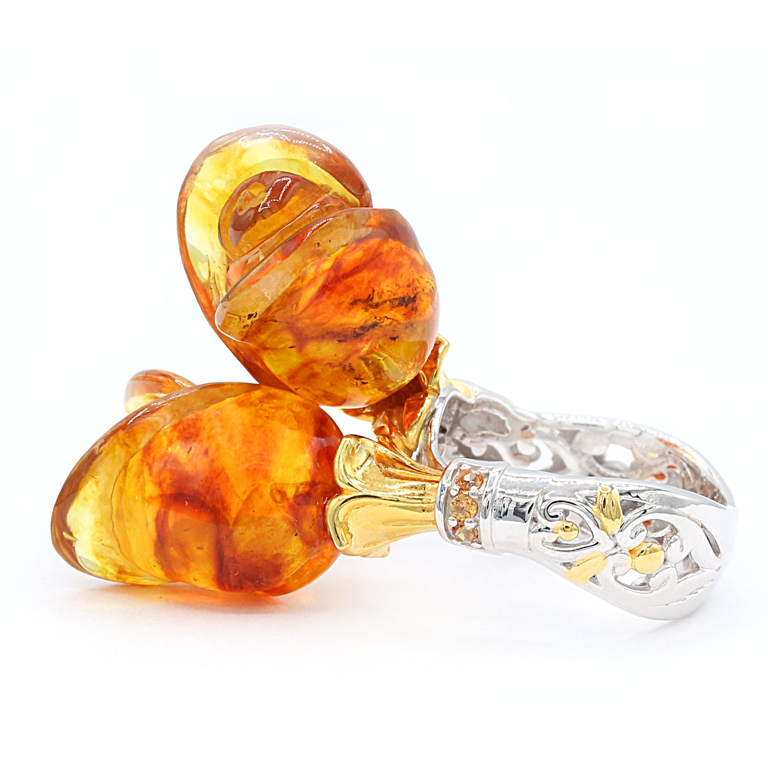 Gems en Vogue Carved Amber & Orange Sapphire Tulip Flower Ring
