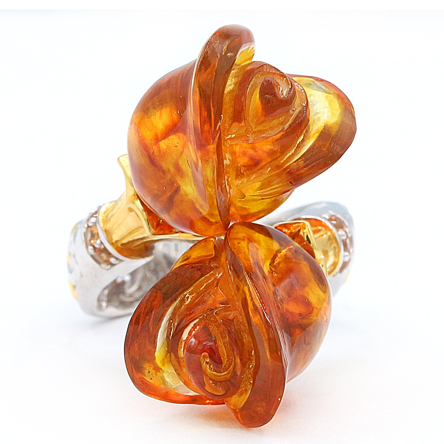 Gems en Vogue Carved Amber & Orange Sapphire Tulip Flower Ring