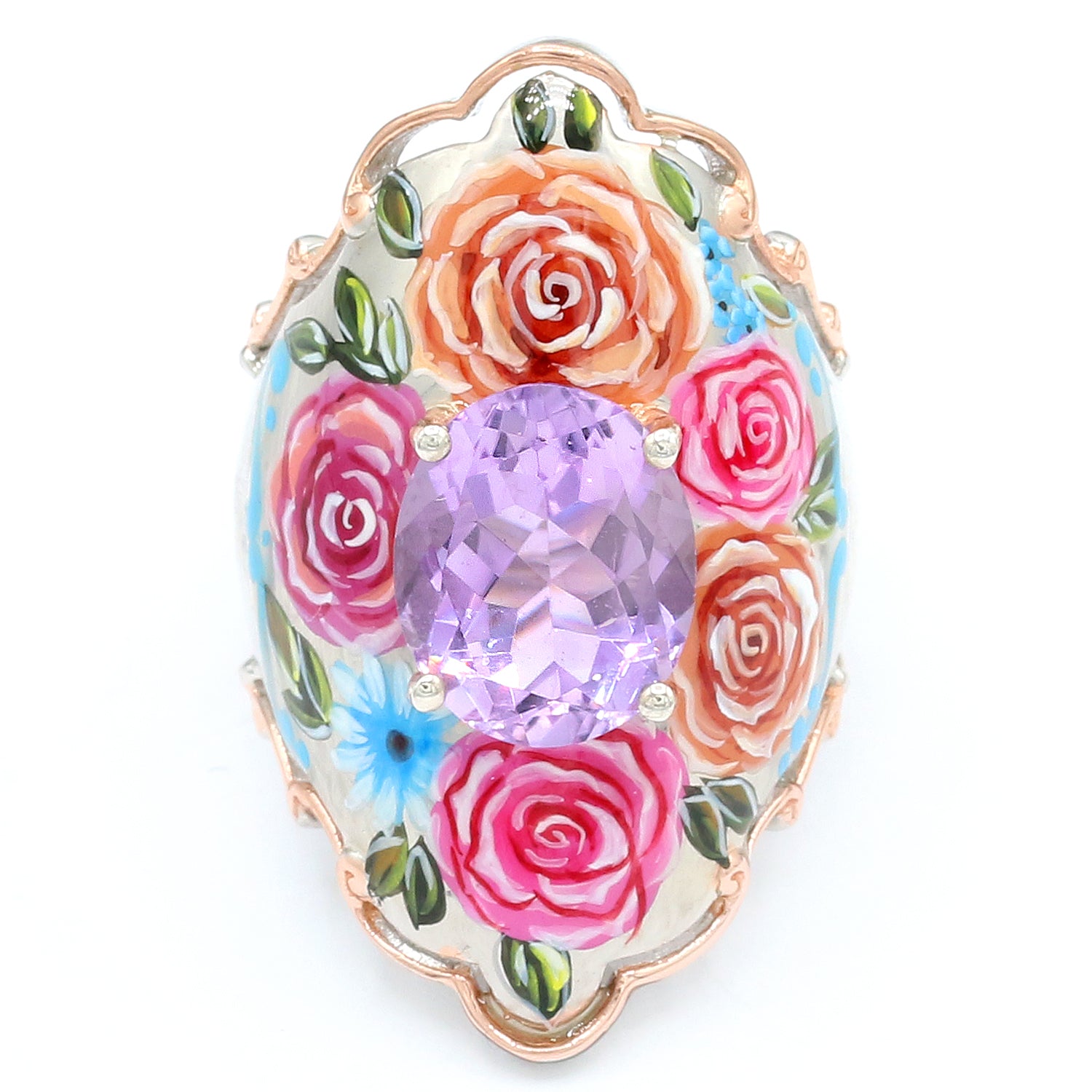 Gems en Vogue 4.40ctw Pink Amethyst Painted Rose Flower Ring