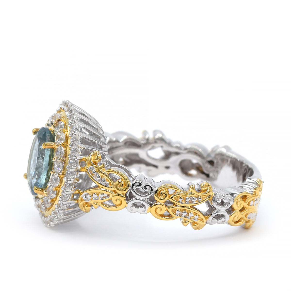 Bague à halo en aigue-marine de Tanzanie et zircon blanc 4,06 carats en argent et palladium 24K, pièce unique Couture Gems