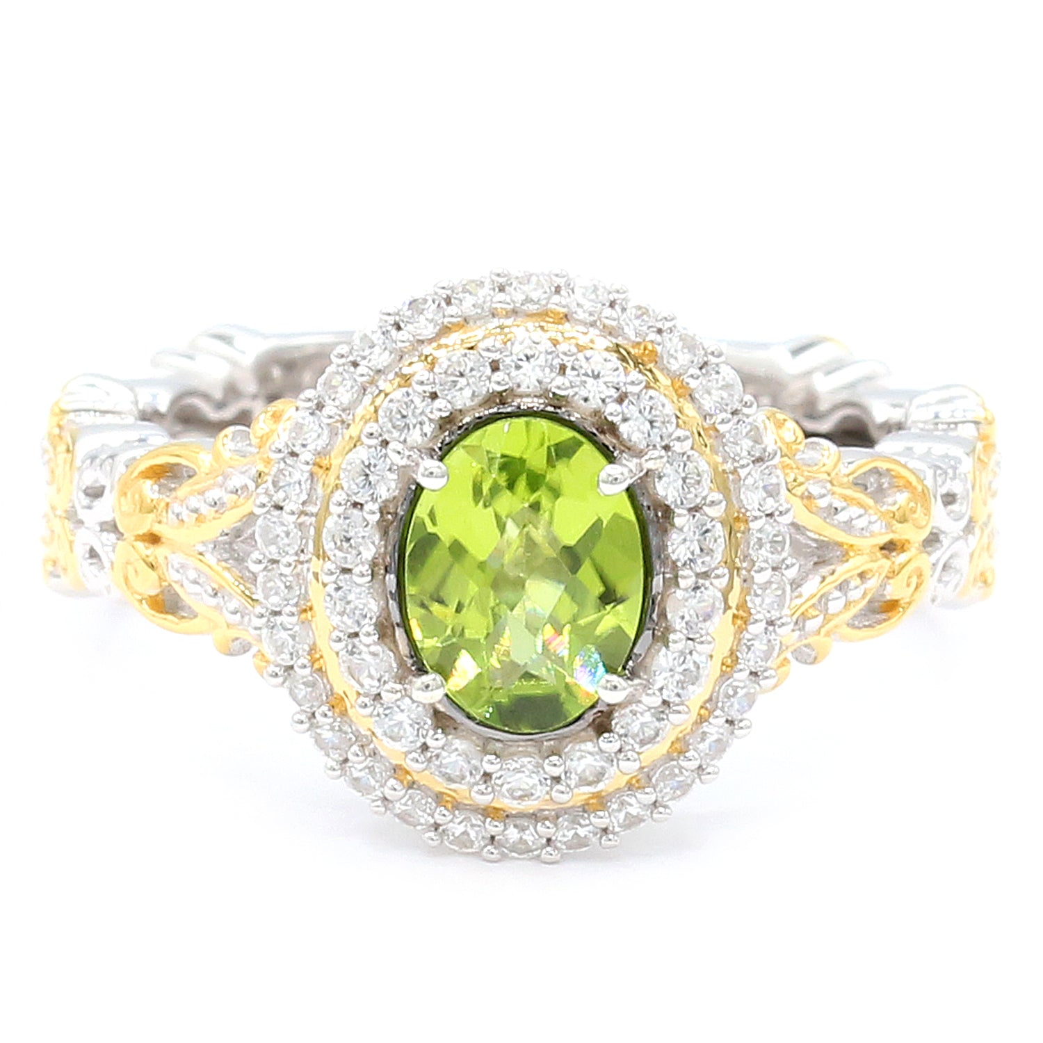 Gems en Vogue One-of-a-Kind 2.40ctw Peridot & White Zircon Double Halo Ring