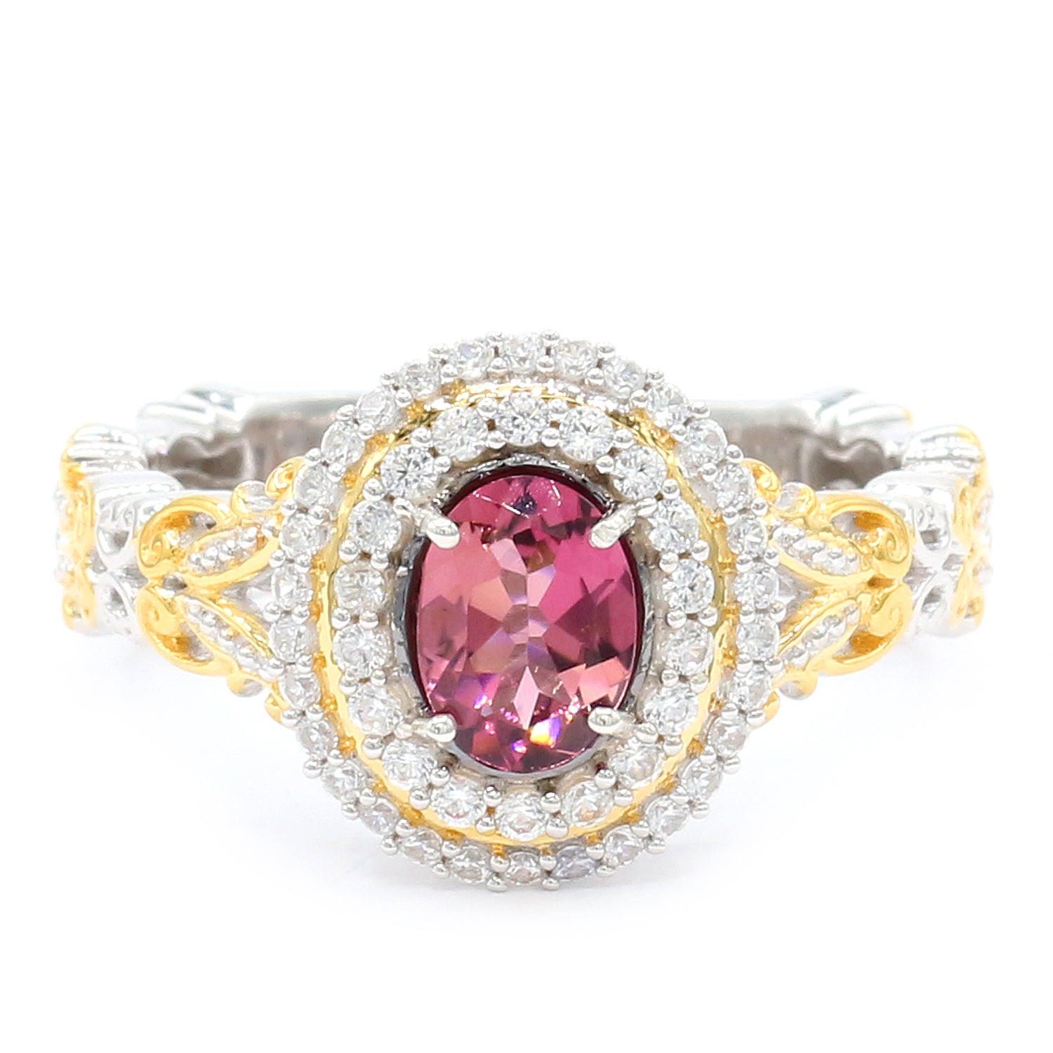 Gems en Vogue One-of-a-Kind 2.30ctw Pink Tourmaline & White Zircon Double Halo Ring