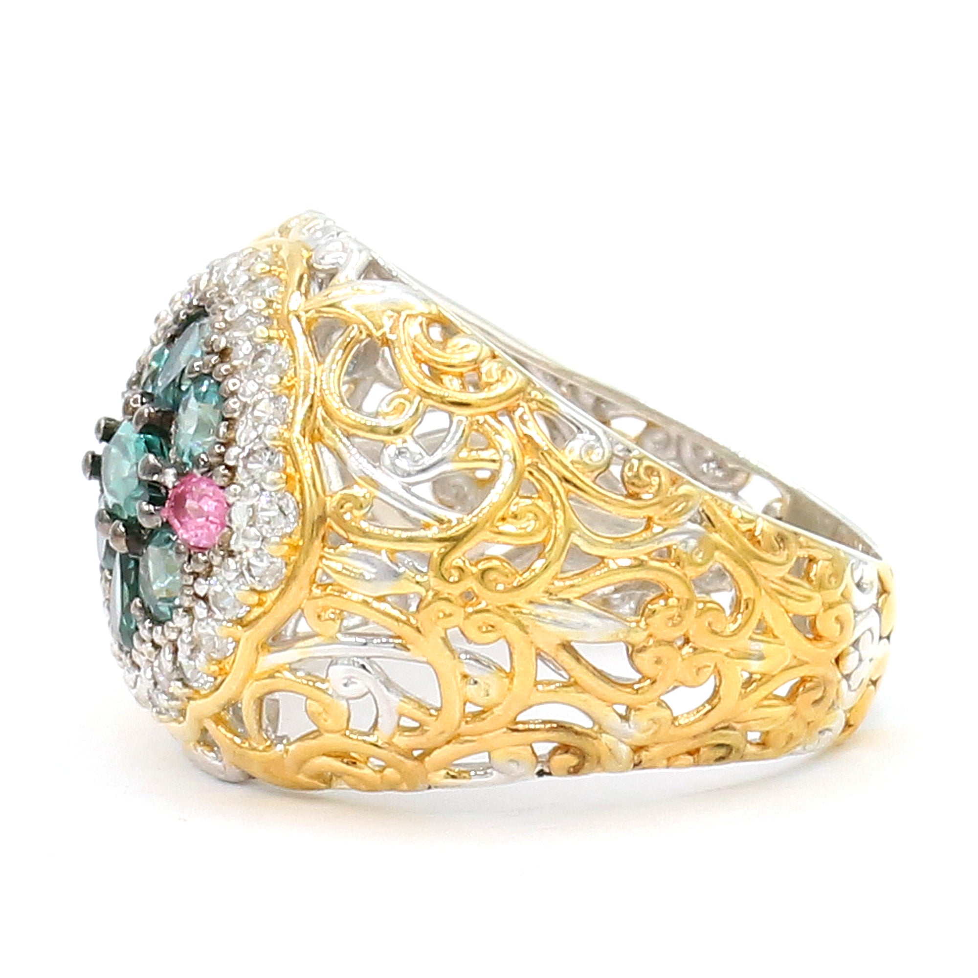 Gems en Vogue 24K Palladium Silver 1.68ctw Teal Tourmaline, Pink Spinel & White Zircon Ring