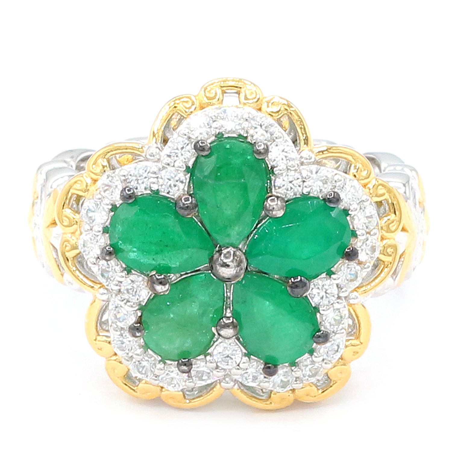 Bague fleur Gems en Vogue avec zircon blanc et émeraude Grizzly 2,90 carats
