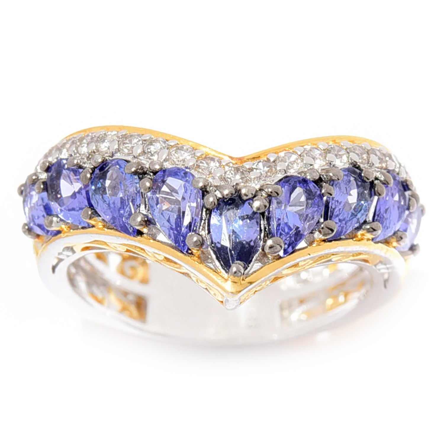 Gems en Vogue 2.57ctw Tanzanite & White Zircon V-Shape Ring