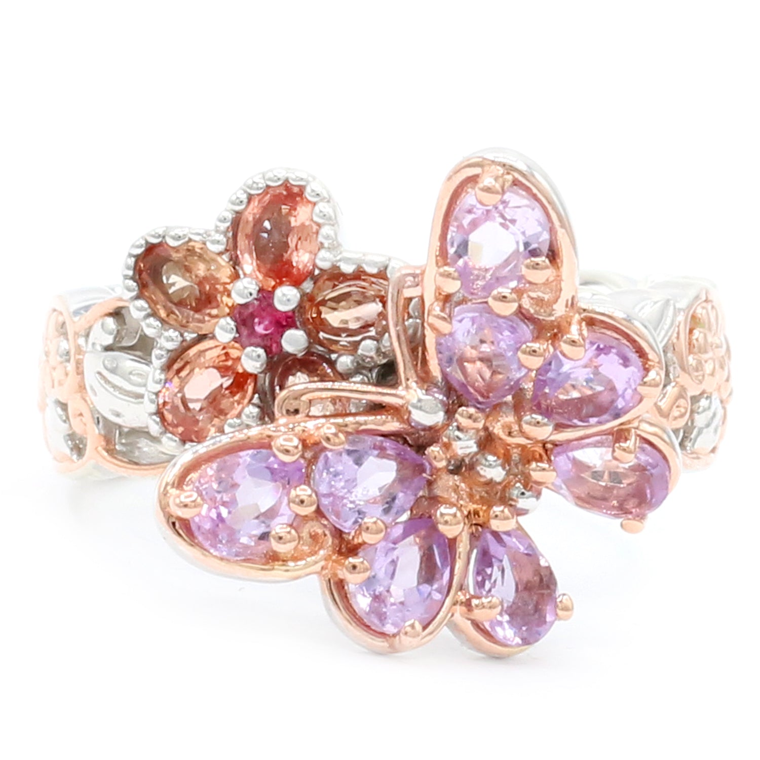 Gems en Vogue 1.89ctw Pink Amethyst, Padparadscha Sapphire & Ruby Butterfly & Flower Ring