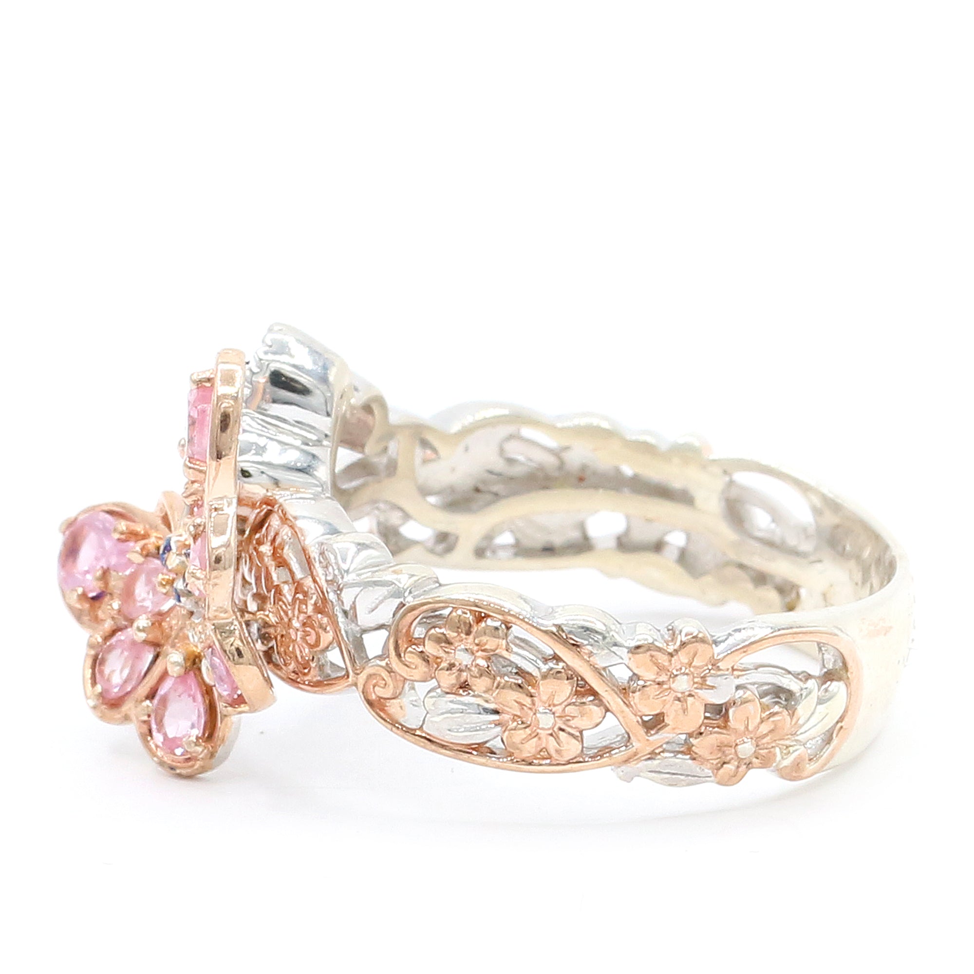 Gems en Vogue 18K Palladium Silver 1.45ctw Tanzanian Pink Spinel, Padparadscha Sapphire & Ruby Butterfly & Flower Ring