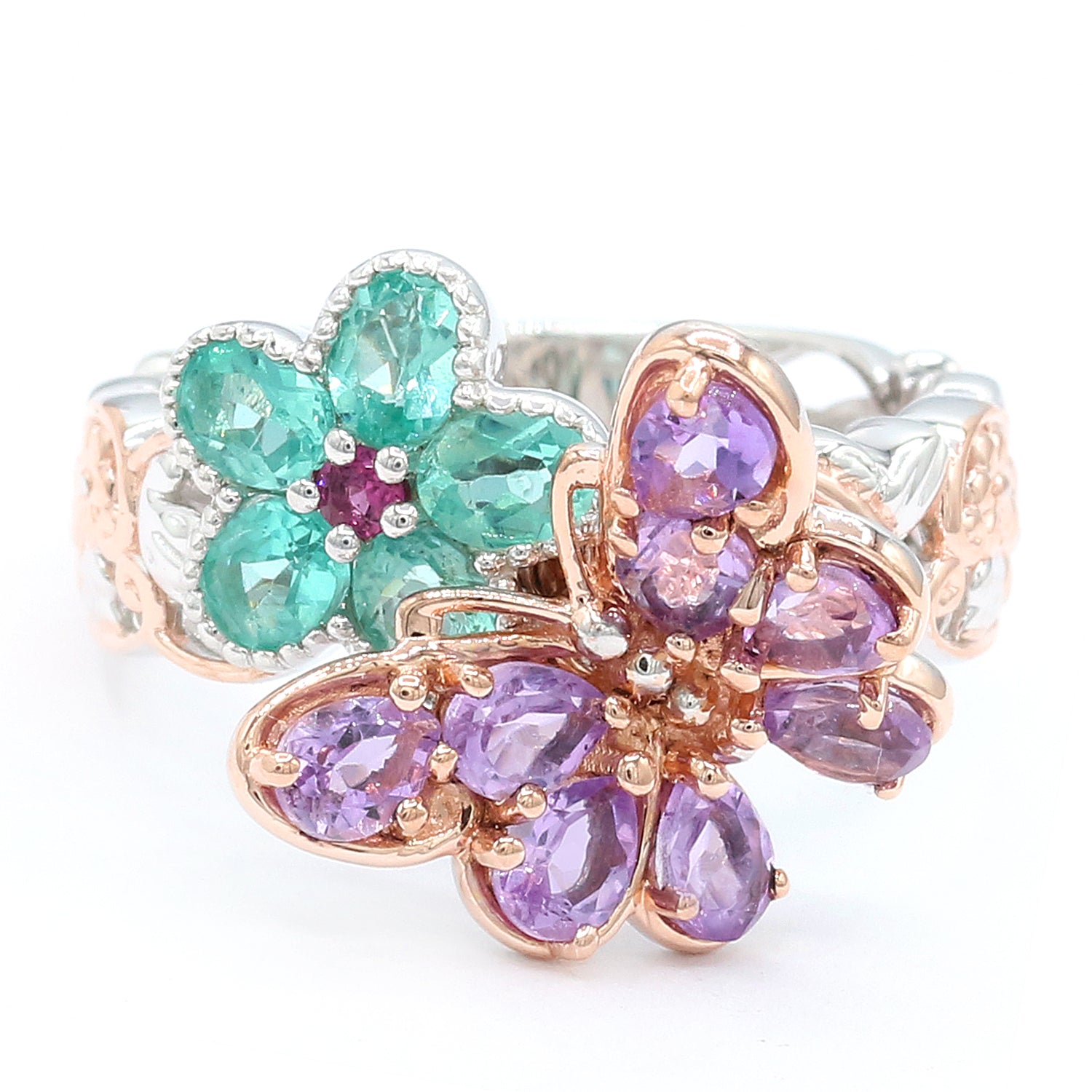 Gems en Vogue 2.13ctw Brazilian Amethyst, Dauphin Apatite & Rhodolite Butterfly & Flower Ring