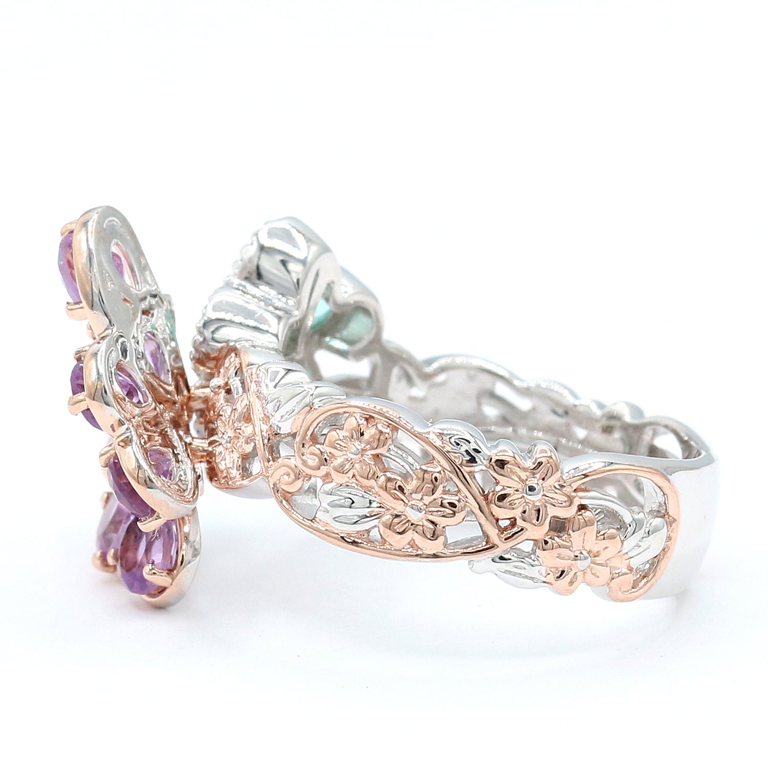 Gems en Vogue 2.13ctw Brazilian Amethyst, Dauphin Apatite & Rhodolite Butterfly & Flower Ring