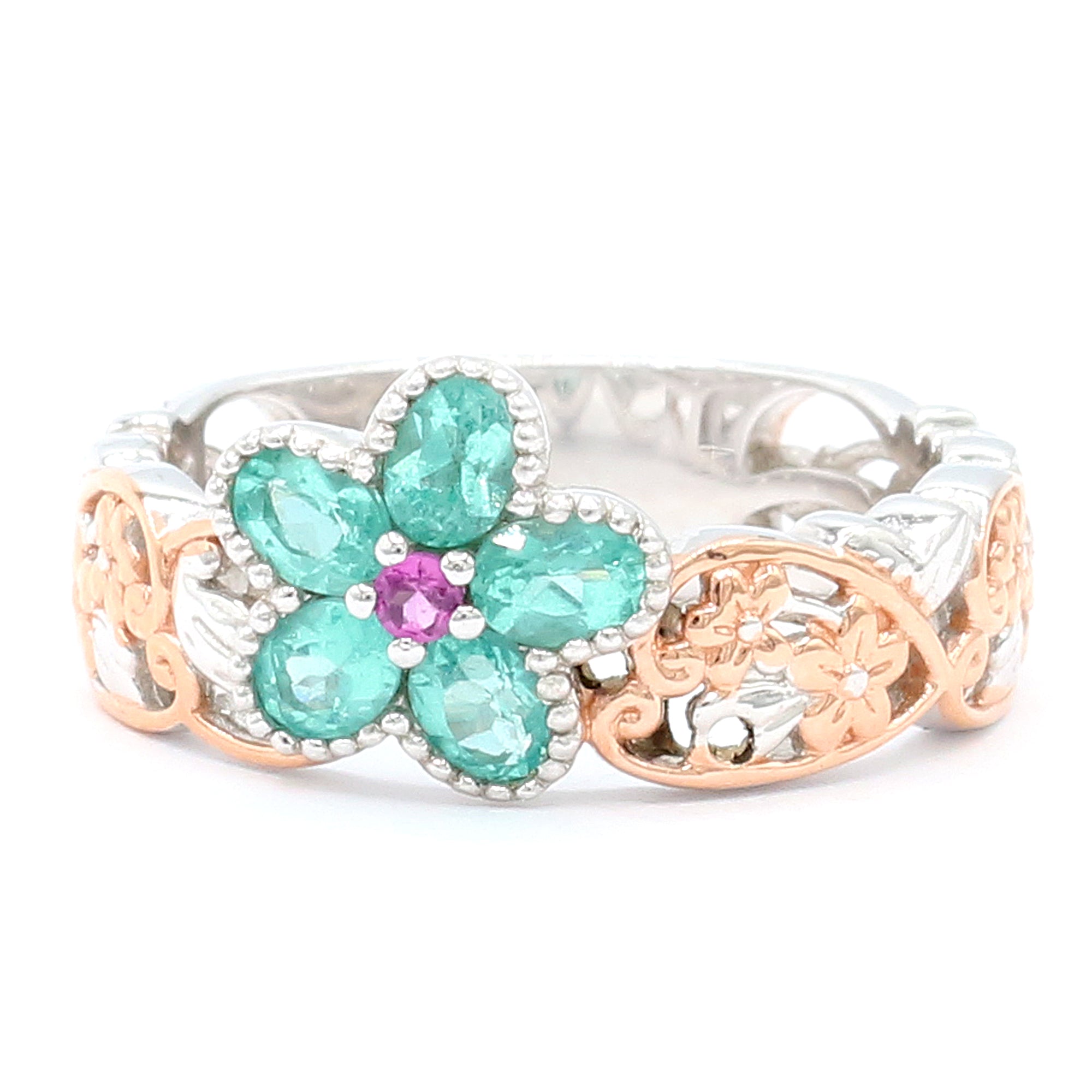 Gems en Vogue 18K Palladium Silver 0.85ctw Dauphin Apatite & Rhodolite Flower Ring