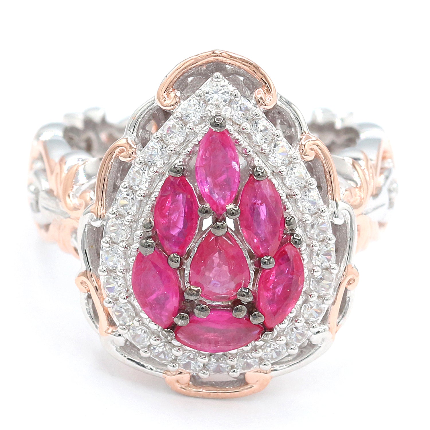 Gems en Vogue 2.11ctw Burmese Ruby & White Zircon Pear Cluster Ring