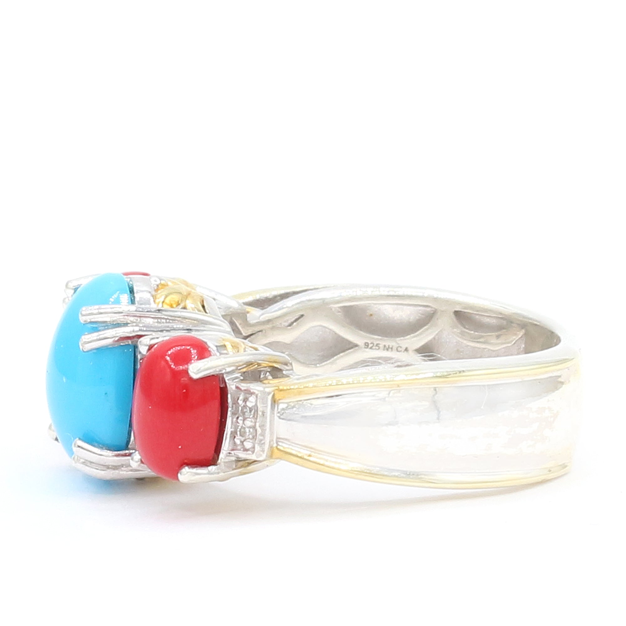 Gems en Vogue One-of-a-Kind 24K Palladium Silver Sleeping Beauty Turquoise & Red Coral Three Stone Ring