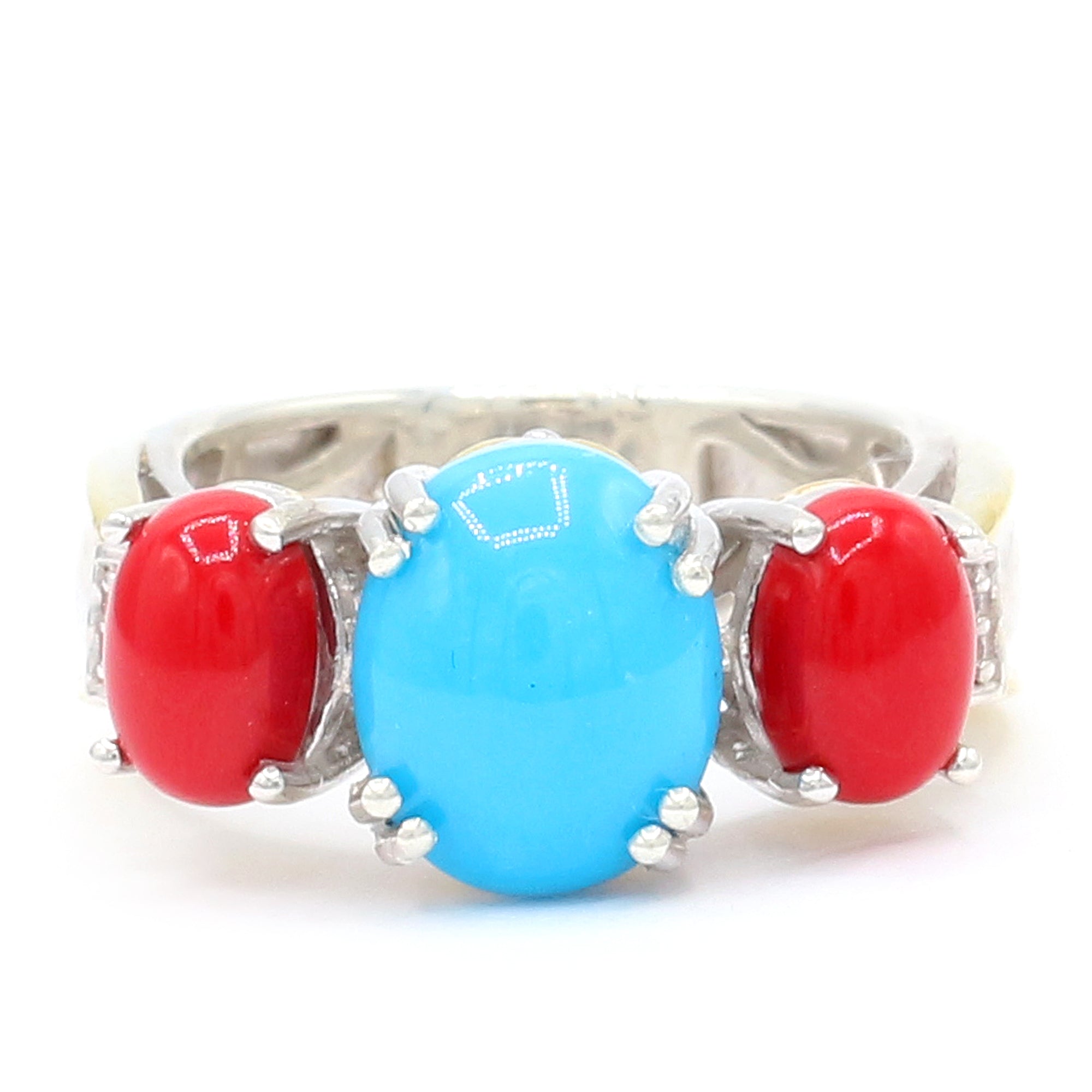 Gems en Vogue One-of-a-Kind 24K Palladium Silver Sleeping Beauty Turquoise & Red Coral Three Stone Ring