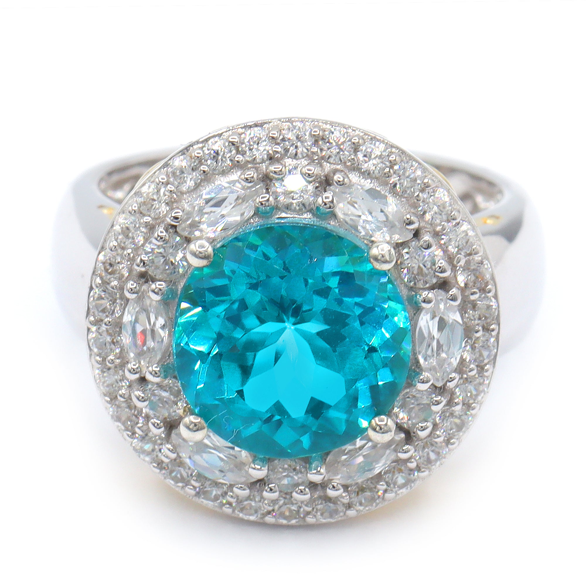 Gems en Vogue 24K Palladium Silver 6.52ctw Paraiba Topaz & White Zircon Double Halo Ring