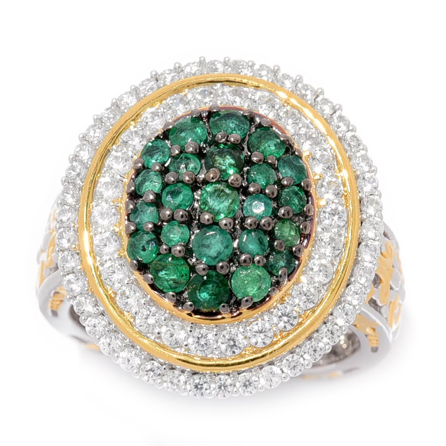Gems en Vogue 2.11ctw Grizzly Emerald & White Zircon Cluster Double Halo Ring