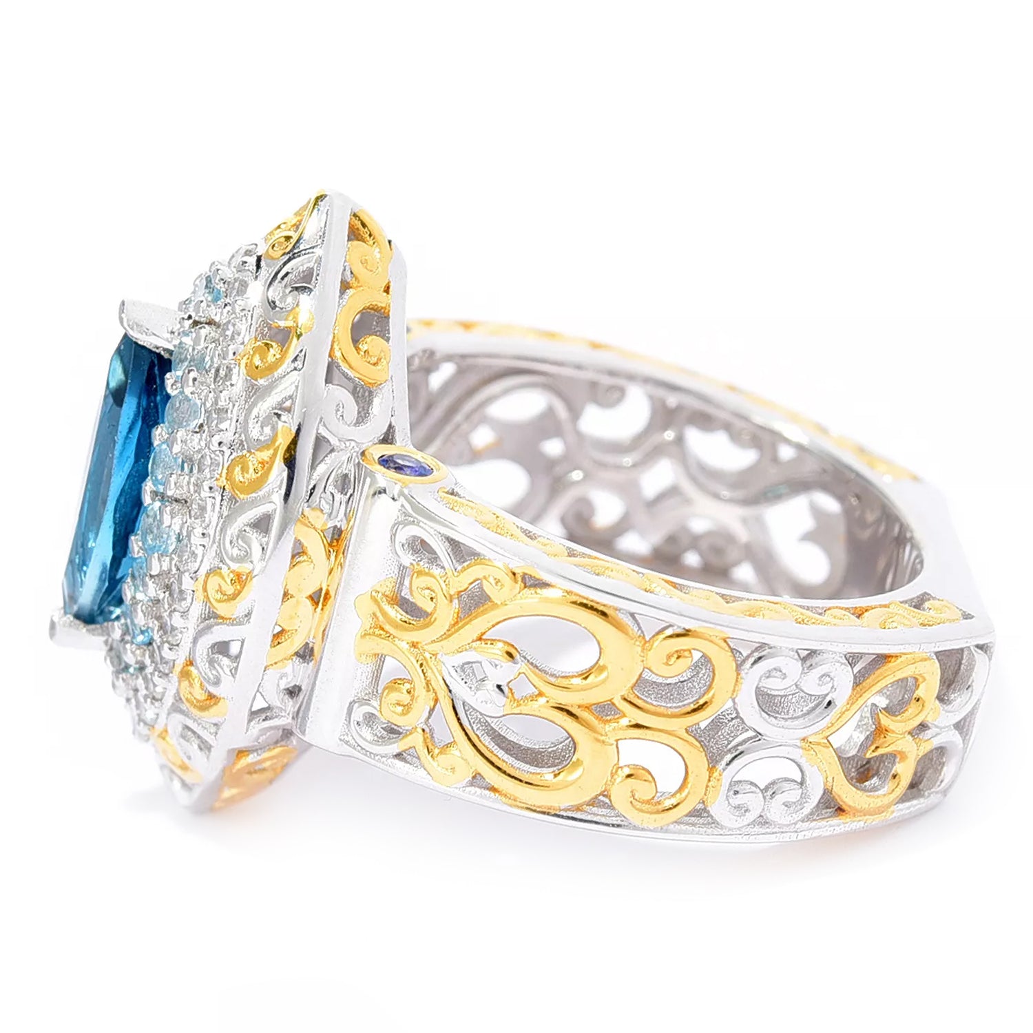 Gems en Vogue 3.22ctw London Blue Topaz, Swiss Blue Topaz & White Zircon Double Halo Ring