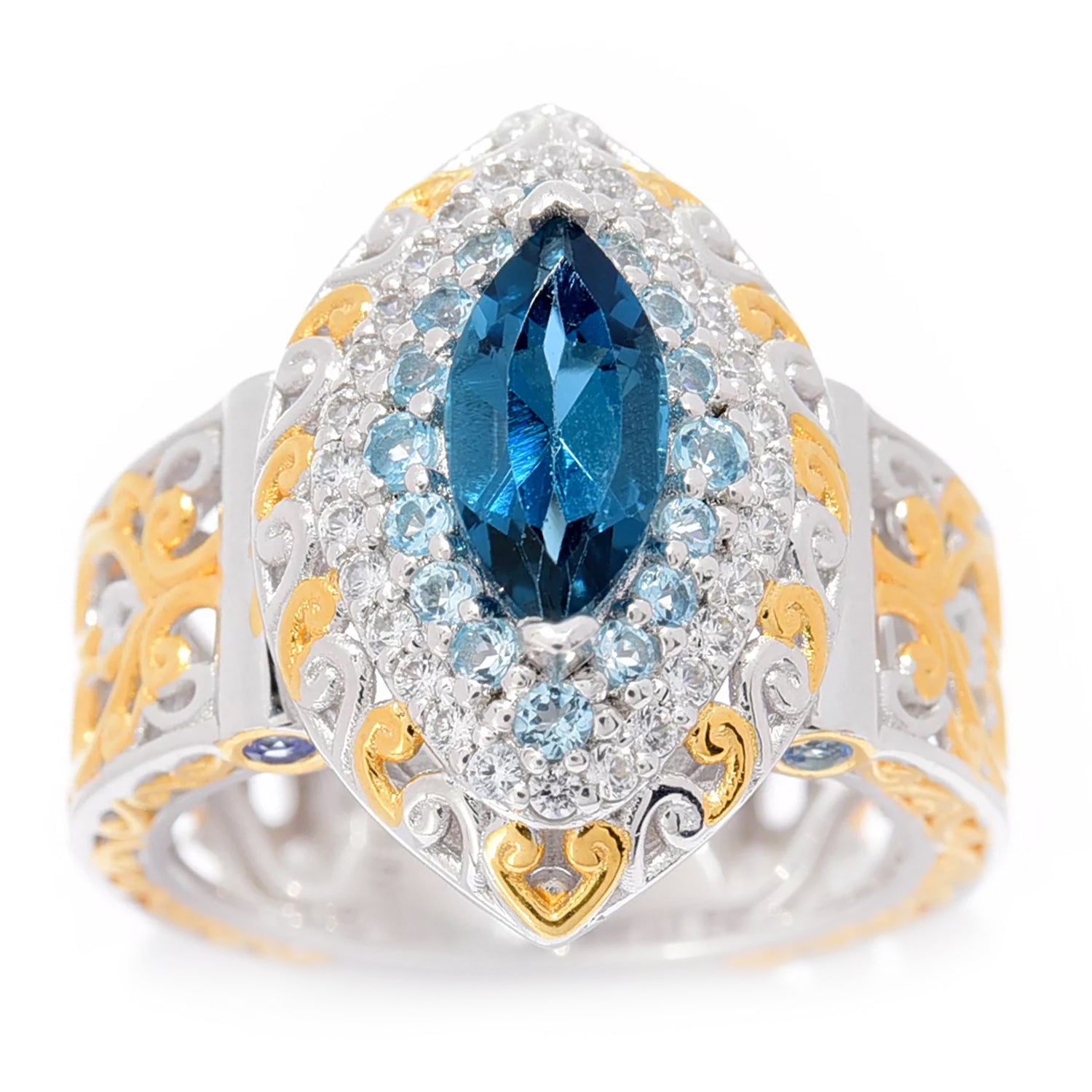 Gems en Vogue 3.22ctw London Blue Topaz, Swiss Blue Topaz & White Zircon Double Halo Ring
