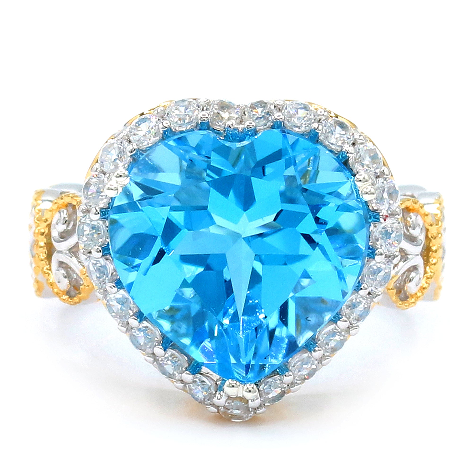 Gems en Vogue 24K Palladium Silver 10.42ctw Heart Shape Swiss Blue Topaz & White Zircon Halo Ring