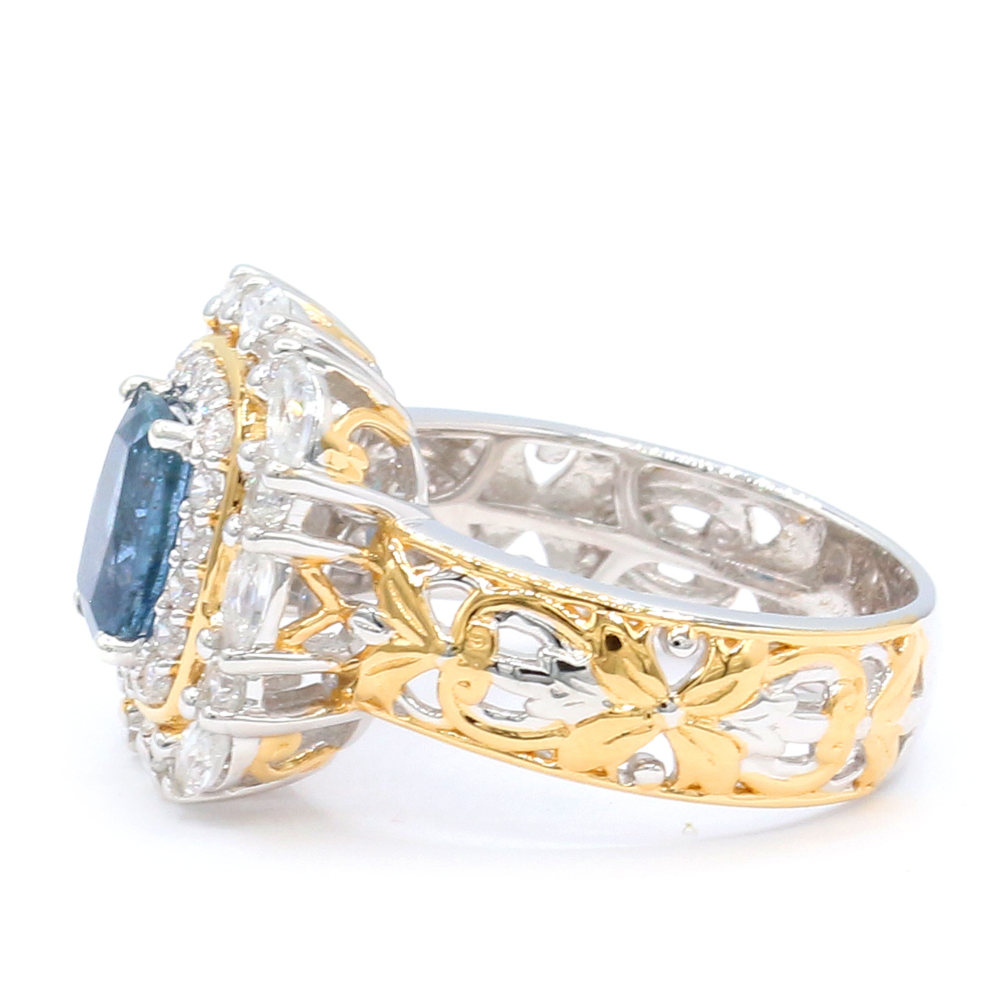 Gems en Vogue One-of-a-Kind 24K Palladium Silver 2.85ctw Tanzanian Aquamarine & White Zircon Double Halo Ring