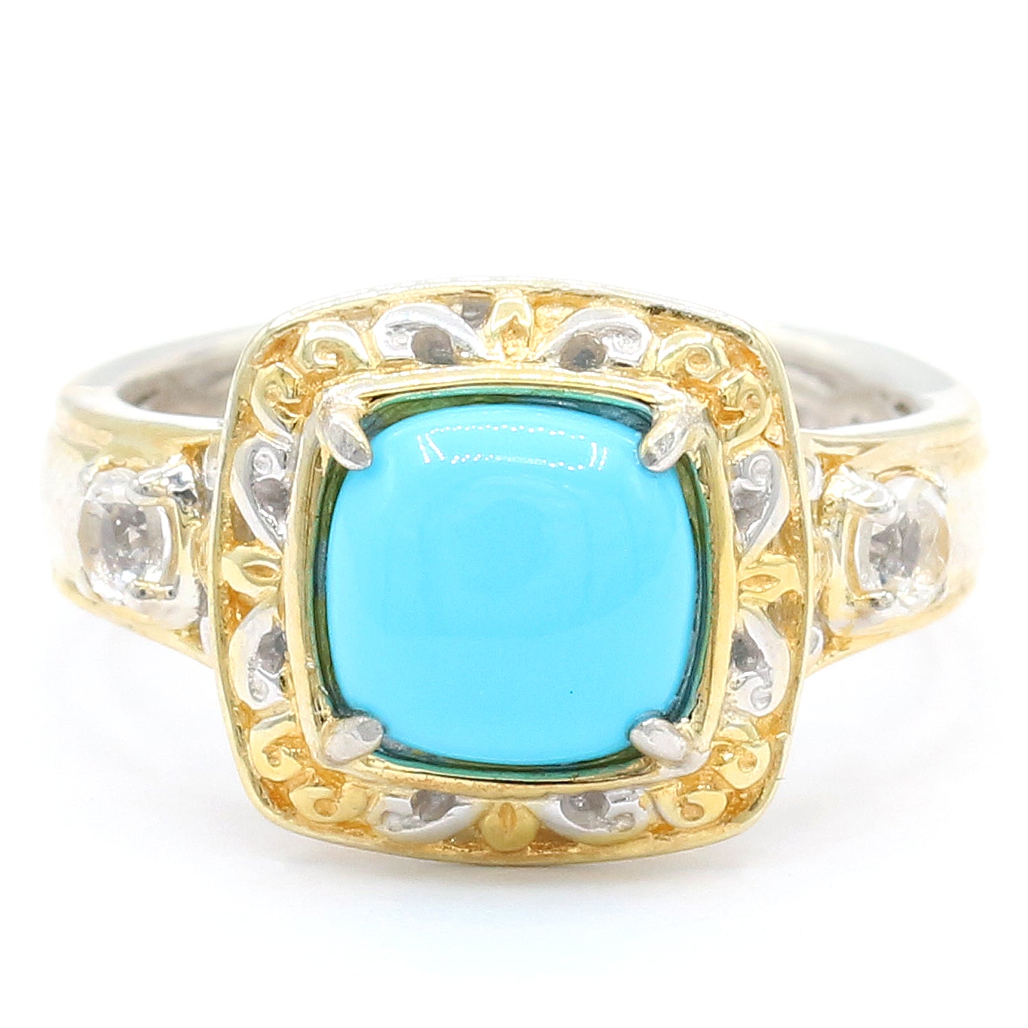 Gems en Vogue Cushion Kingman Turquoise & White Topaz Ring