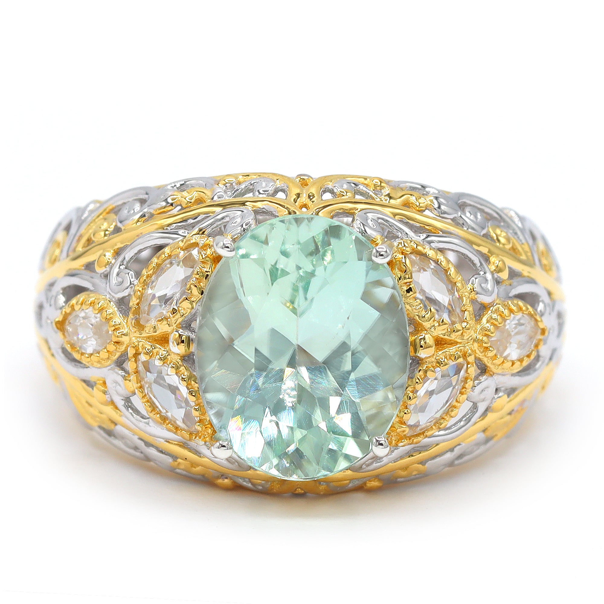 Bague Gems en Vogue amblygonite et zircons blancs 2,24 carats, pièce unique, double halo