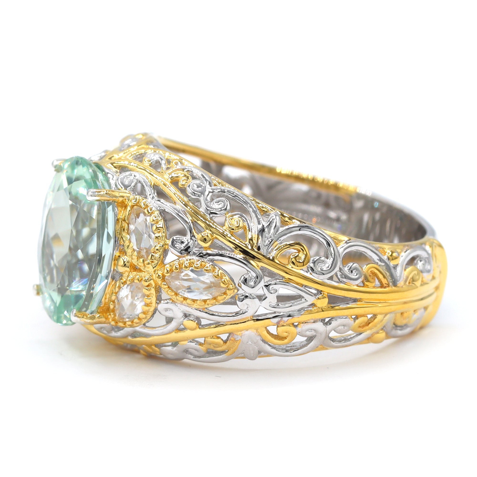 Bague Gems en Vogue amblygonite et zircons blancs 2,24 carats, pièce unique, double halo