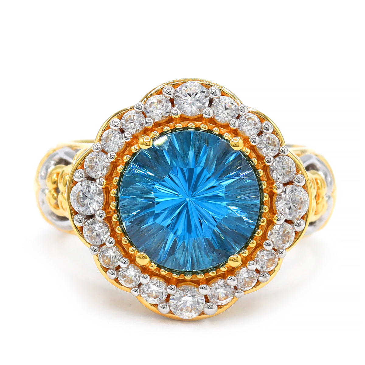 Gems en Vogue One-of-a-Kind 24K Palladium Silver 4.96ctw Special Cut Swiss Blue Topaz & White Zircon Halo Ring