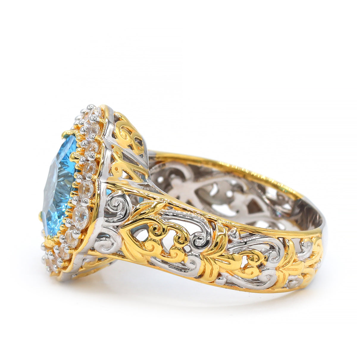 Gems en Vogue One-of-a-Kind 24K Palladium Silver 4.96ctw Special Cut Swiss Blue Topaz & White Zircon Halo Ring