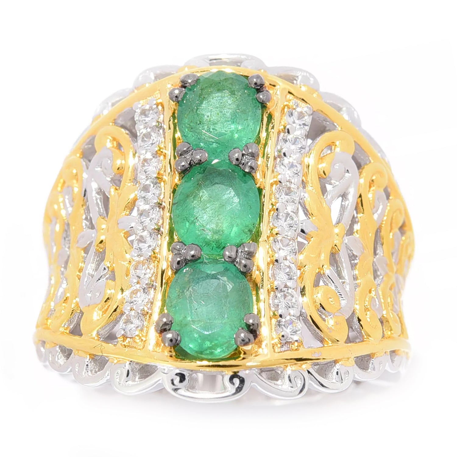Gems en Vogue 2.25ctw Grizzly Emerald & White Zircon Three Stone Ring