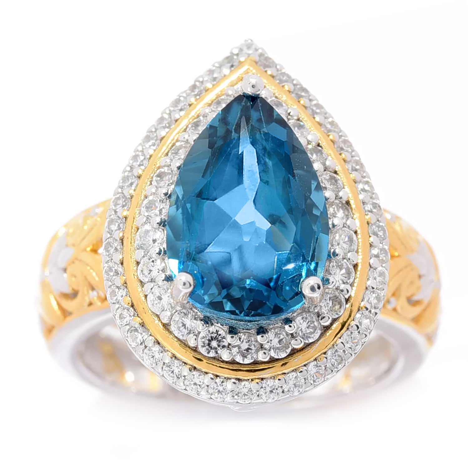 Gems en Vogue 6.80ctw London Blue Topaz & White Zircon Double Halo Ring