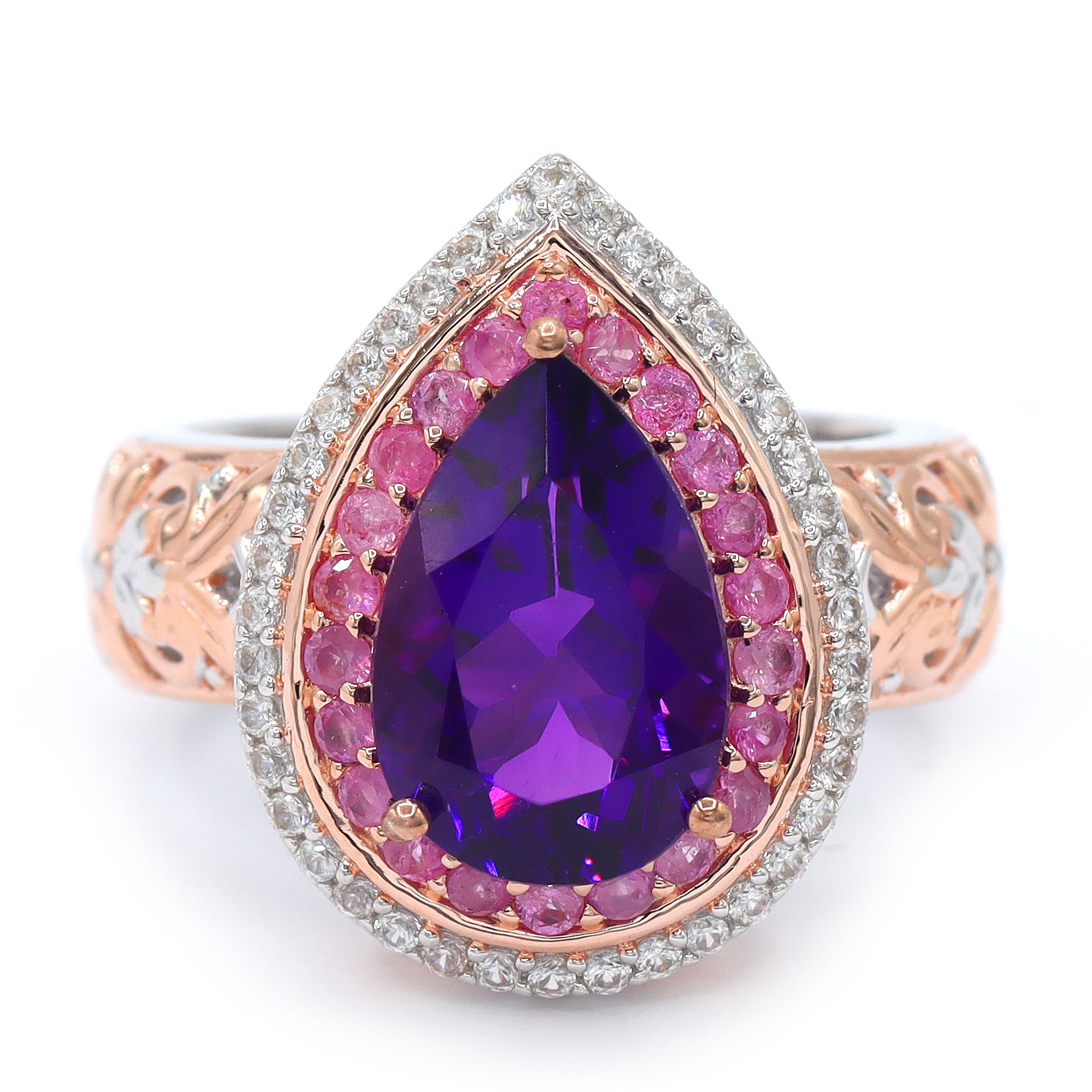 Gems en Vogue One-of-a-Kind 18K Palladium Silver 3.54ctw Tanzanian Amethyst, Pink Sapphire & White Zircon Halo Ring