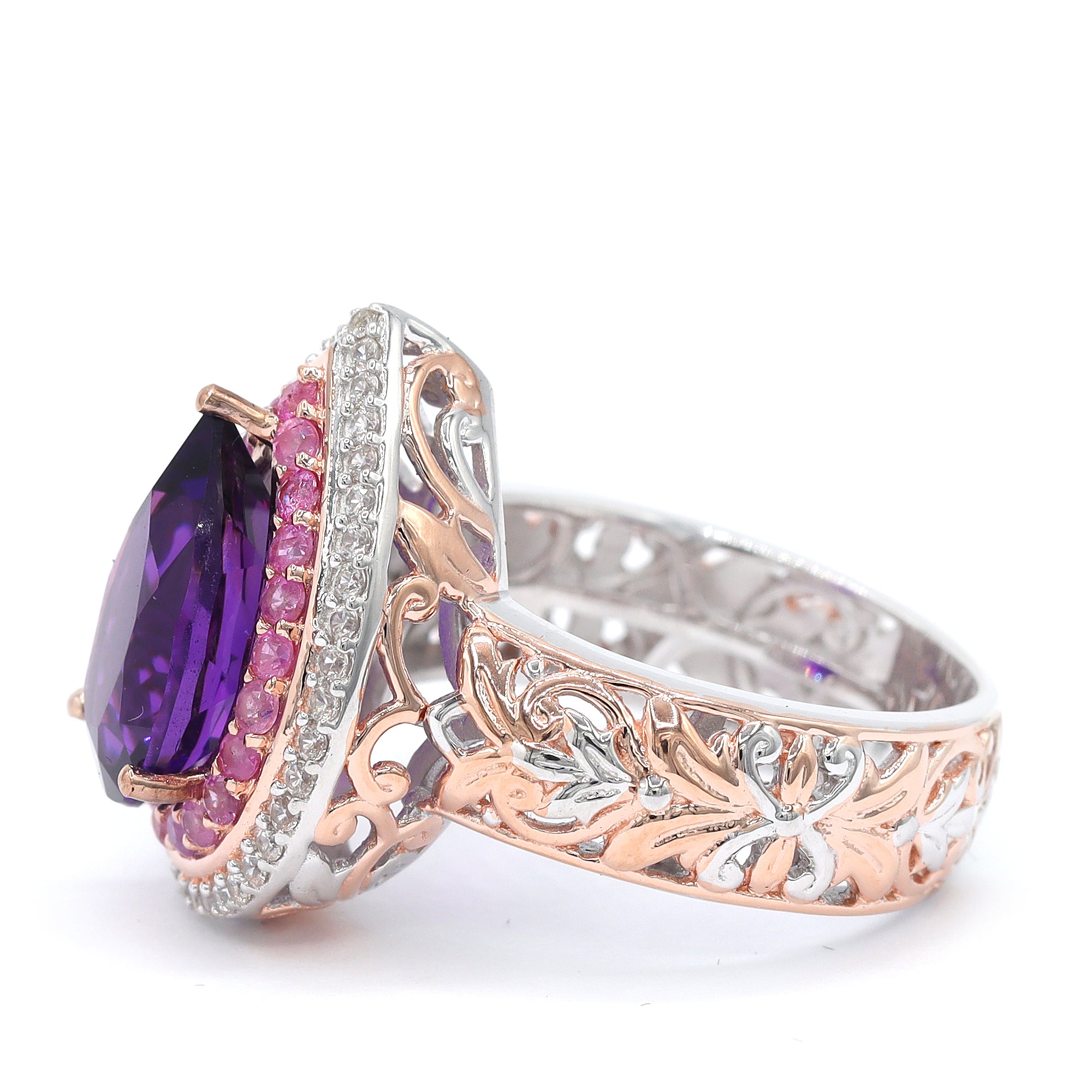 Gems en Vogue One-of-a-Kind 18K Palladium Silver 3.54ctw Tanzanian Amethyst, Pink Sapphire & White Zircon Halo Ring