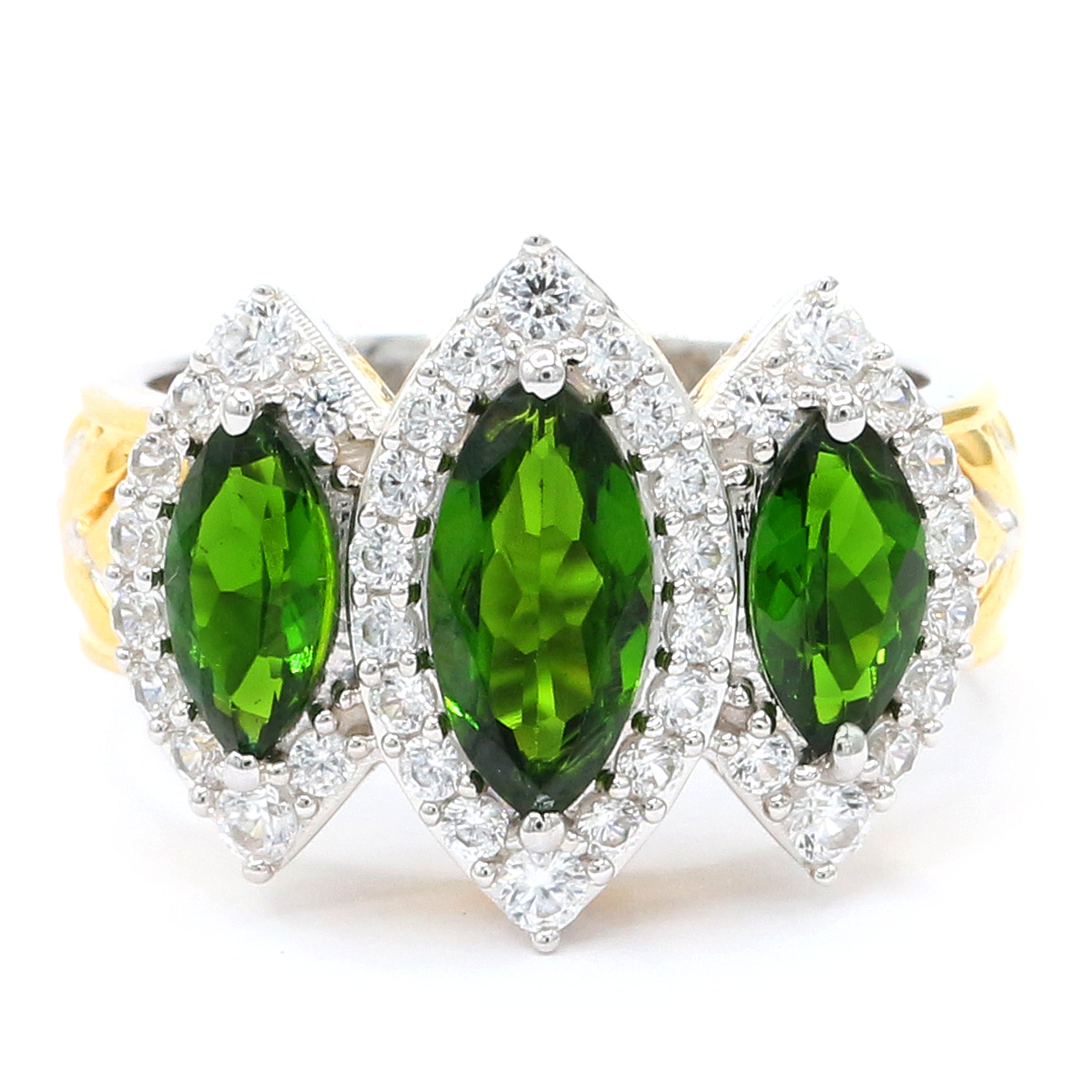 Gems en Vogue 24K Palladium Silver 3.19ctw Chrome Diopside & White Zircon Three Stone Halo Ring