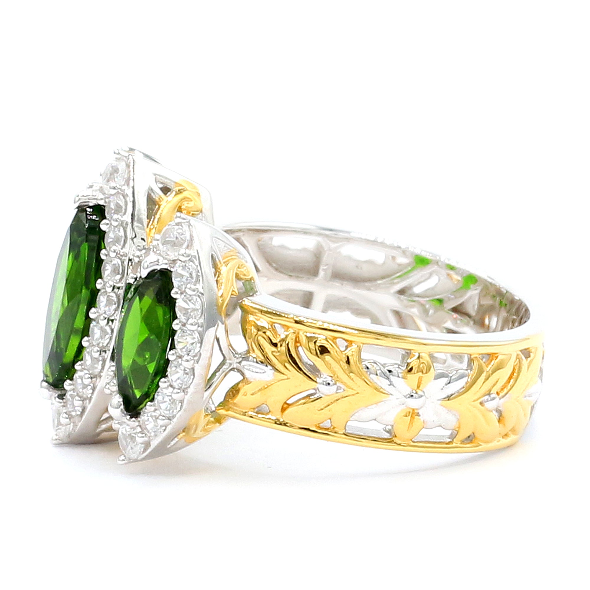Gems en Vogue 24K Palladium Silver 3.19ctw Chrome Diopside & White Zircon Three Stone Halo Ring