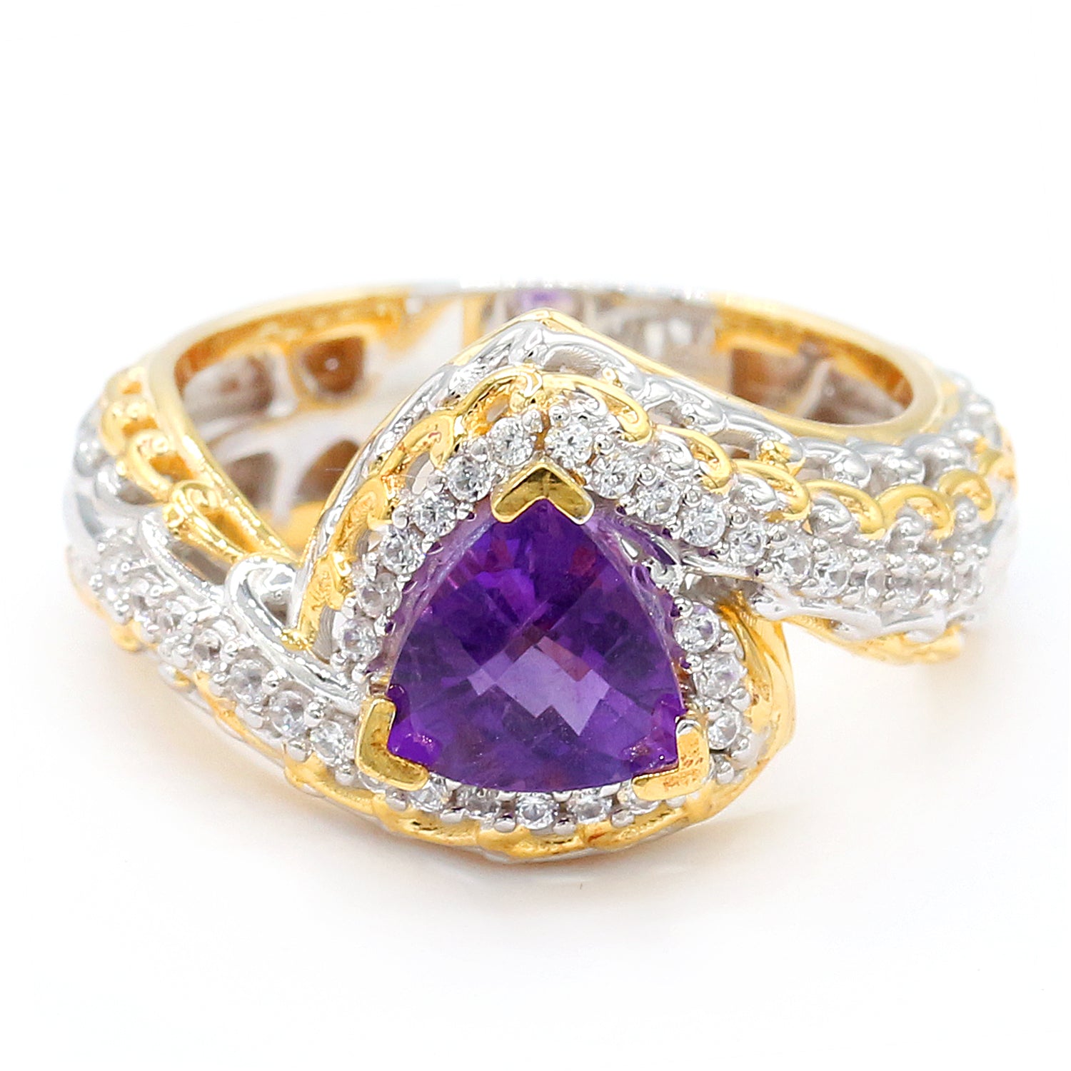 Gems en Vogue 1.34ctw Trillion African Amethyst & White Zircon Ring