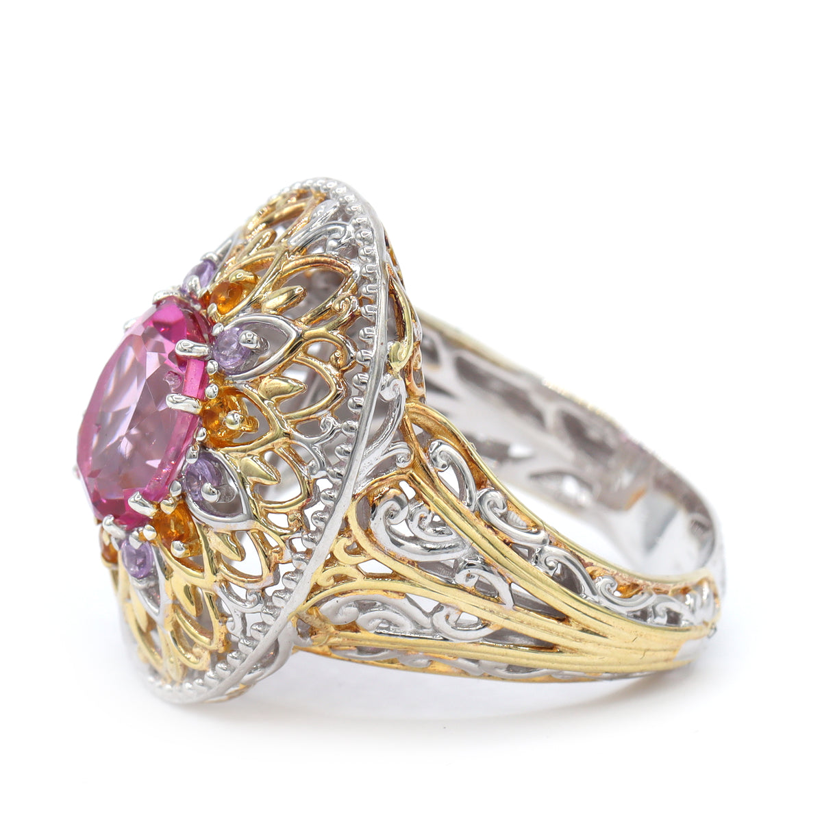 Gems en Vogue 24K Palladium Silver 3.86ctw Pink Topaz, Brazilian Amethyst & Citrine Ring