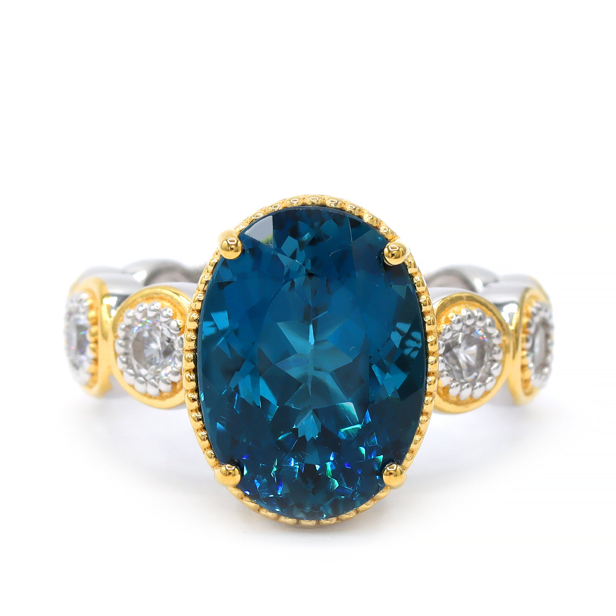 Bague Gems en Vogue en topaze bleu de Londres Tillion de 7,60 carats et zircon blanc Halo