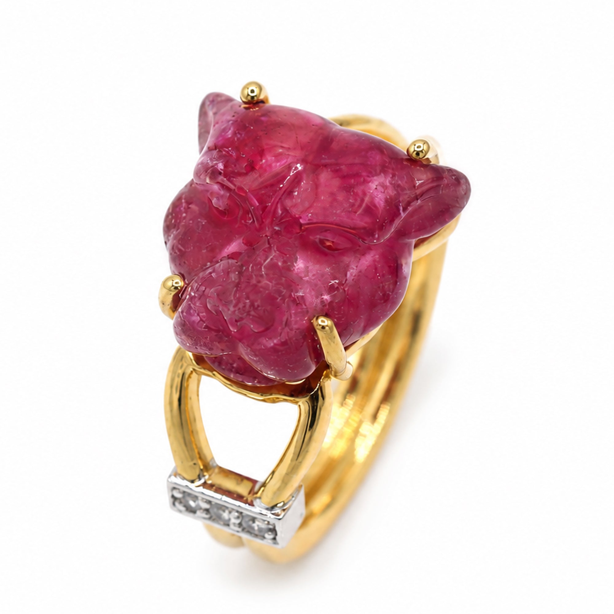 Couture Gems One-of-a-Kind 24K Palladium Silver Carved Panther Pink Tourmaline & White Zircon Ring