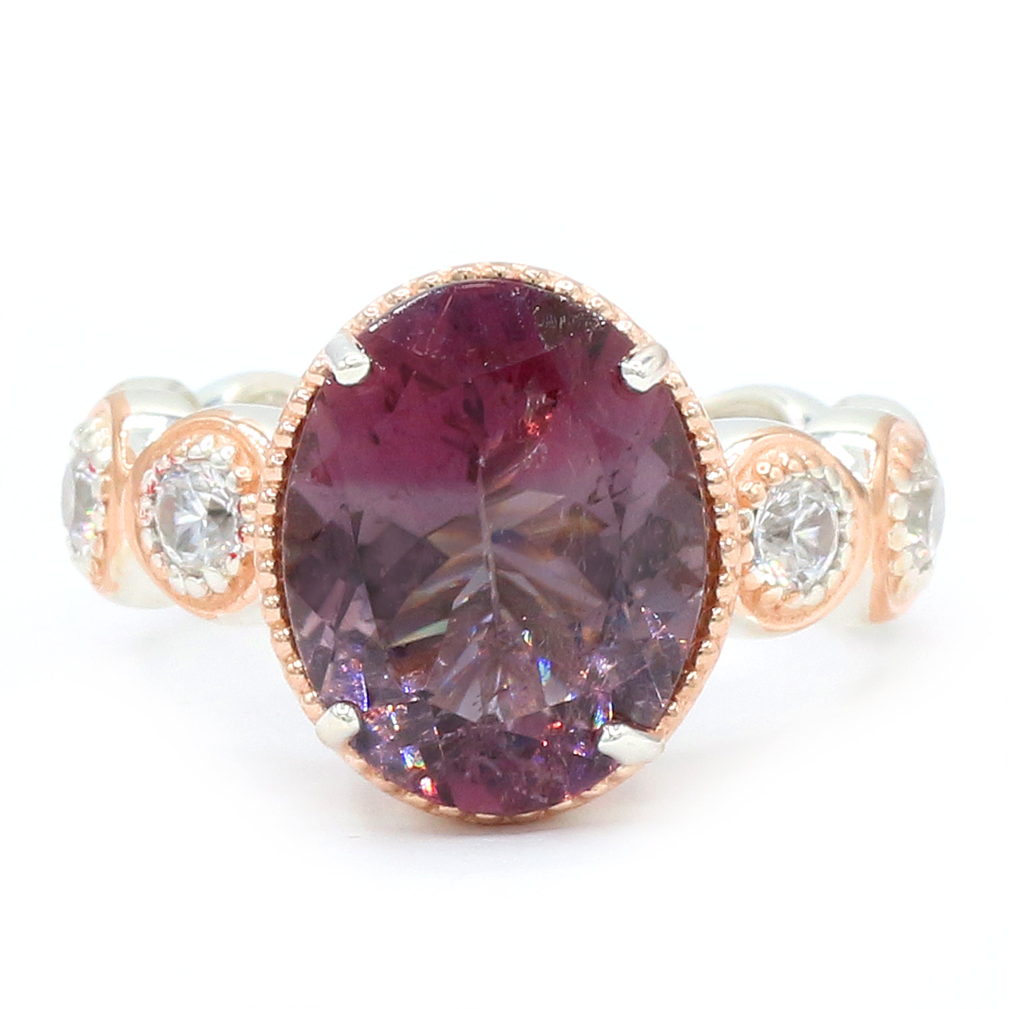 Couture Gems One-of-a-Kind 18K Palladium Silver 6.46ctw Tri-Color Tourmaline & White Zircon Ring