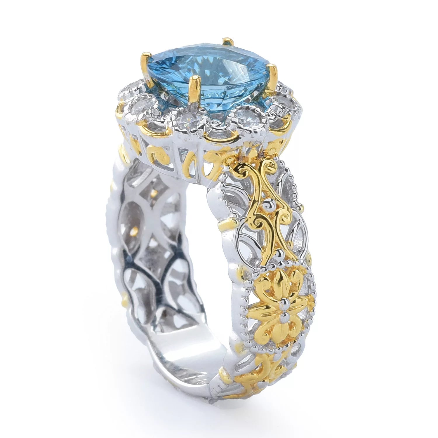 Gems en Vogue 3.30ctw Concave Cut London Blue Topaz & White Zircon Ring