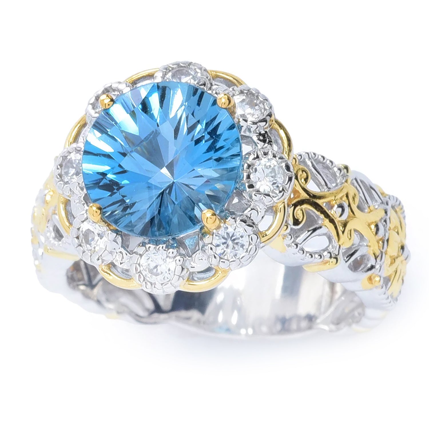 Gems en Vogue 3.30ctw Concave Cut London Blue Topaz & White Zircon Ring