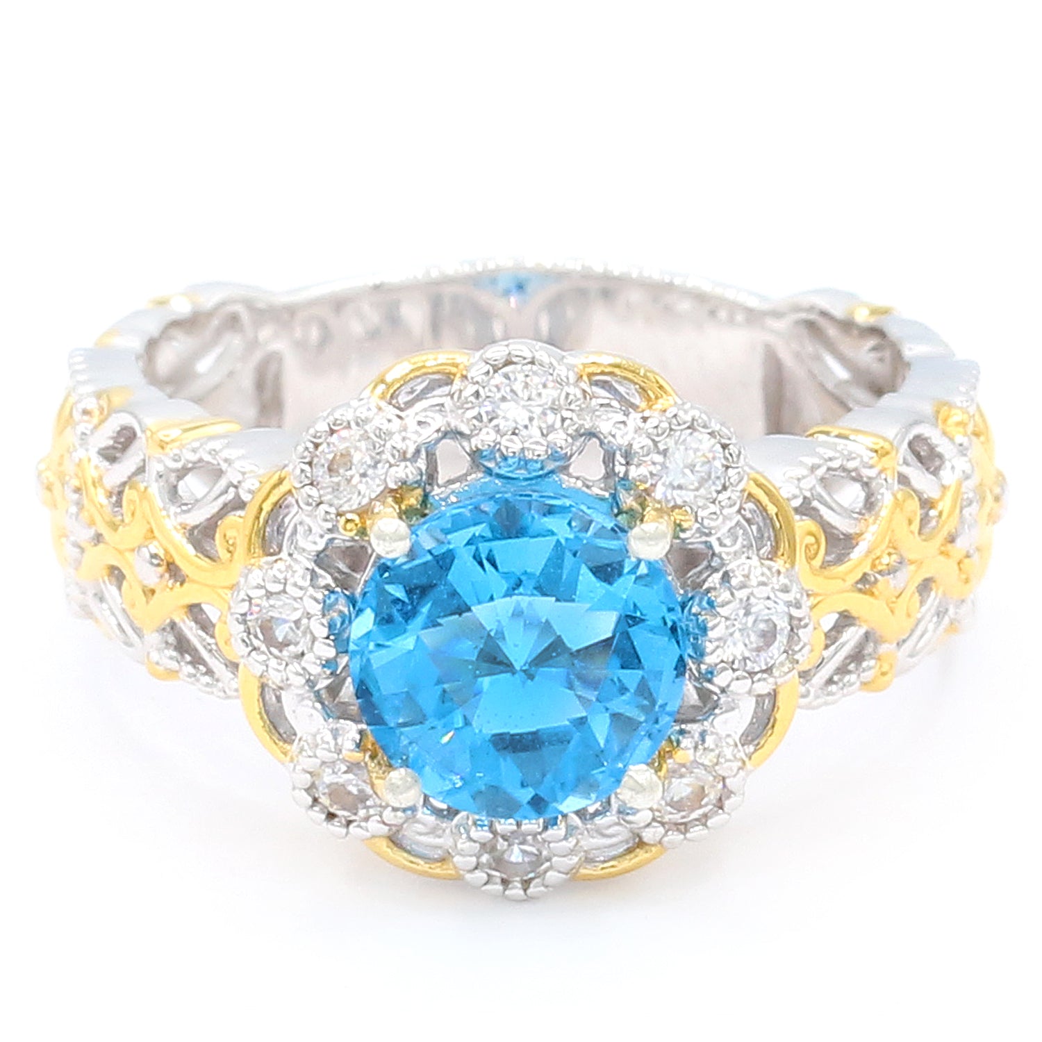 Gems en Vogue 3.28ctw Special Cut Swiss Blue Topaz & White Zircon Halo Ring