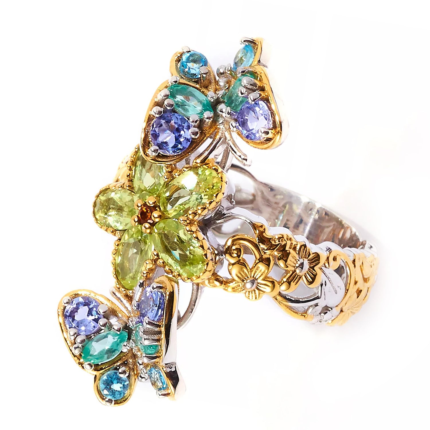 Gems en Vogue 2.12ctw Chrysoberyl & Multi Gemstones Flower & Butterfly Ring