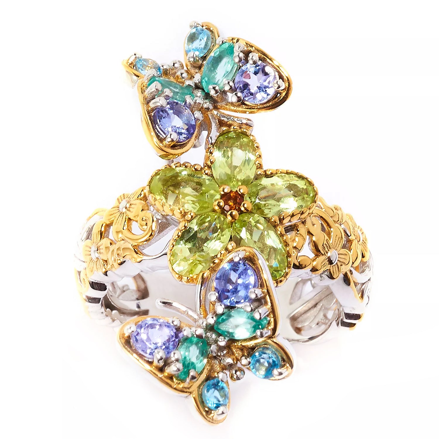 Gems en Vogue 2.12ctw Chrysoberyl & Multi Gemstones Flower & Butterfly Ring
