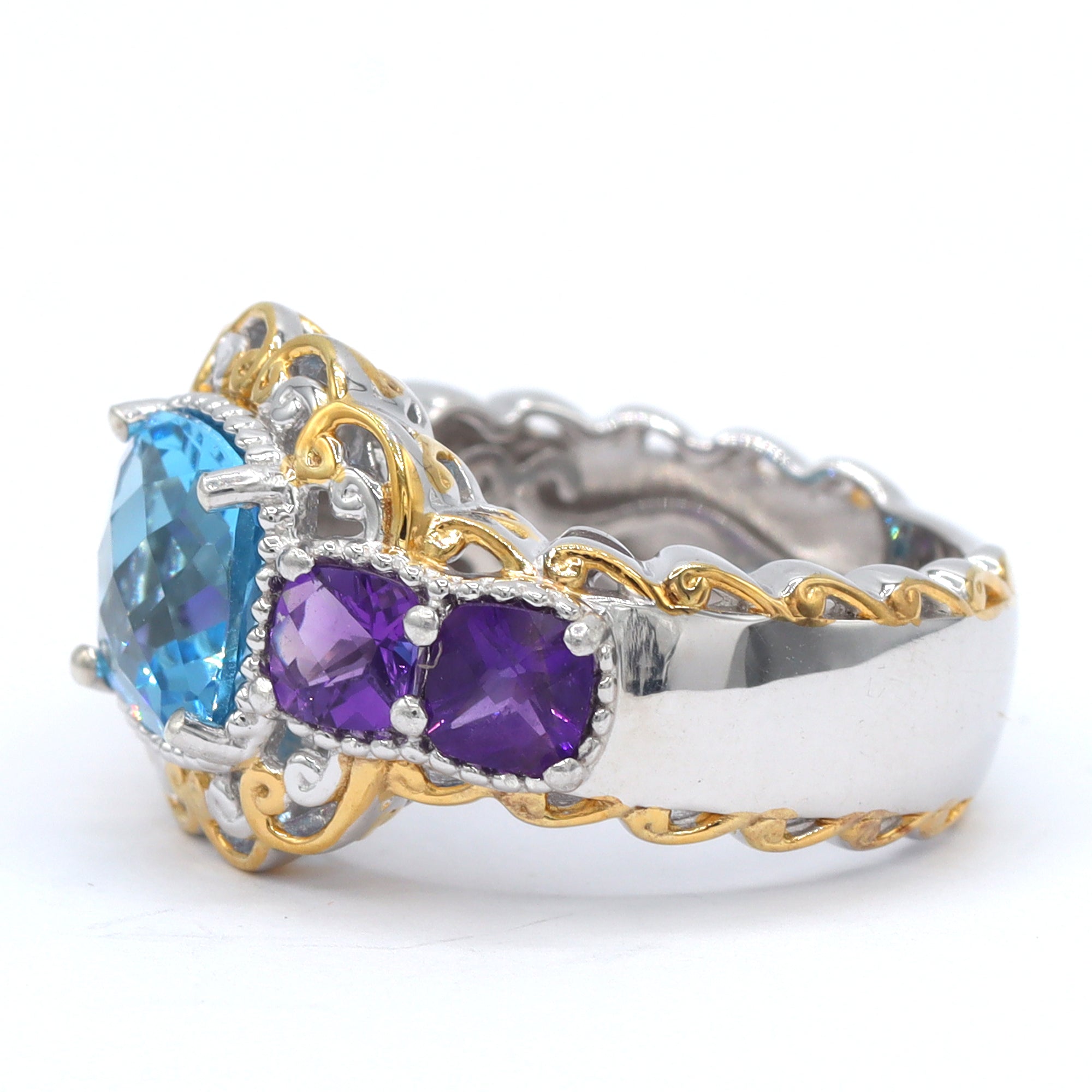 Gems en Vogue One-of-a-Kind 24K Palladium Silver 4.00ctw Swiss Blue Topaz & Amethyst Ring