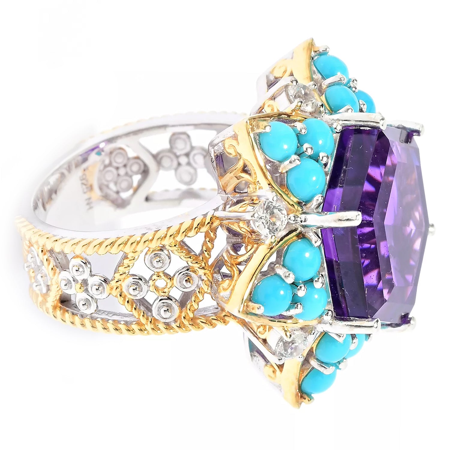 Gems en Vogue Royal Jewels 13.29ctw Namibian Amethyst, Sleeping Beauty Turquoise & White Zircon Ring
