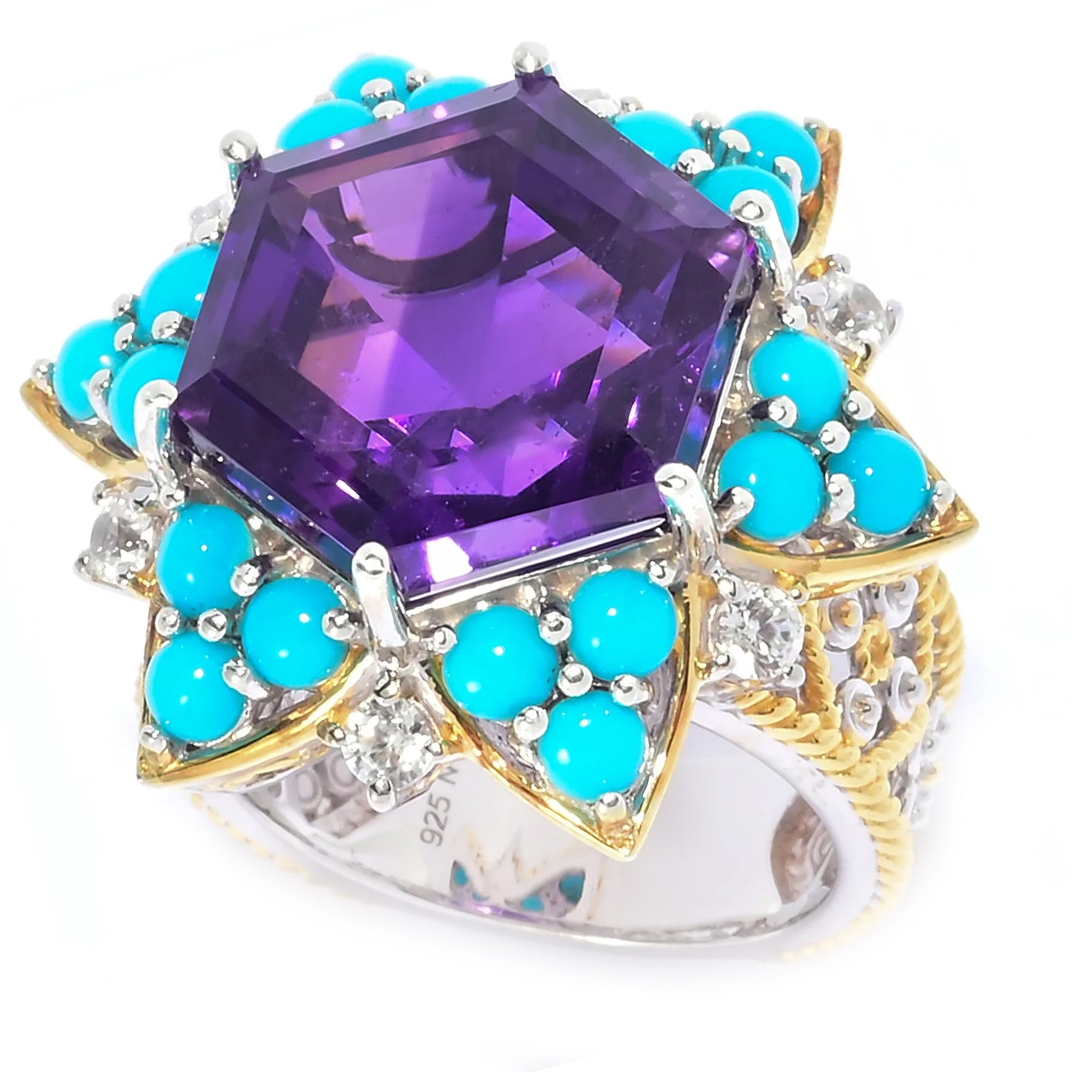 Gems en Vogue Royal Jewels 13.29ctw Namibian Amethyst, Sleeping Beauty Turquoise & White Zircon Ring