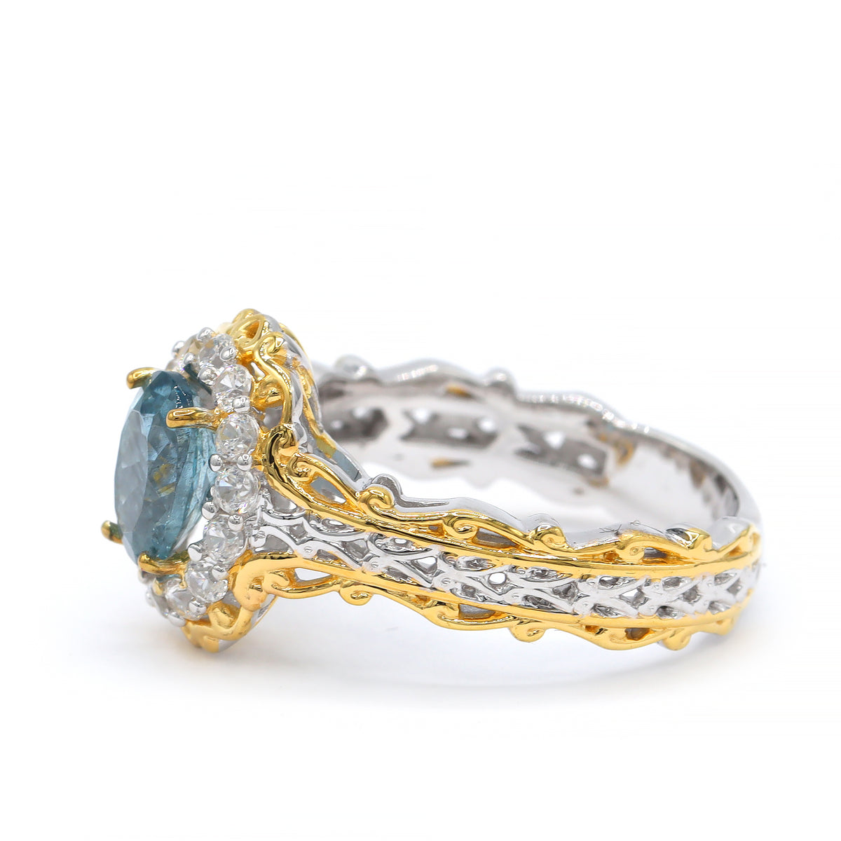 Bague à halo en aigue-marine de Tanzanie et zircon blanc 4,06 carats en argent et palladium 24K, pièce unique Couture Gems