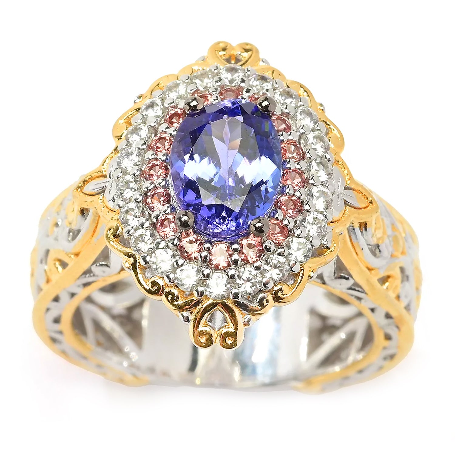 Gems en Vogue 2.51ctw Tanzanite, Padparadscha Sapphire & White Zircon Double Halo Ring